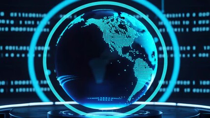 A glowing digital globe made of blue data streams and binary code floats in a futuristic, dark environment - Powered by Adobe
