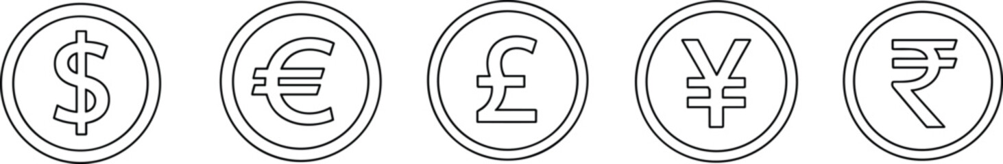 Currency coin icons, flat vector illustration, financial, business, economy, money exchange, symbols, international, global, investment, dollar, euro, pound, yen, rupee