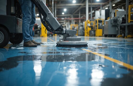 Industrial floor cleaning machine polishes shiny blue factory floor with teal brush. Worker in jeans operates equipment, creating wet surface with reflective water puddles. Maintenance process for