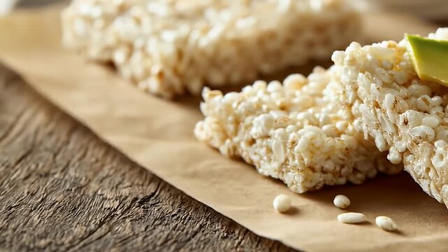 Close Up View of Homemade Crispy Rice Treats on Rustic Wooden Table with Brown Paper,  A Delectable and Easy-to-Make Sweet Snack,  Perfect for a