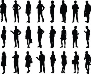 Silhouette of standing people, vector illustration, diverse group, men, women, casual, business, lifestyle, crowd, human figures, full body, design element