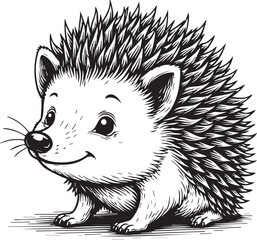 Charming Hedgehog in Delight: A captivating hand-drawn monochrome illustration portrays a cheerful hedgehog in a delightful pose, showcasing its endearing features, charming design.