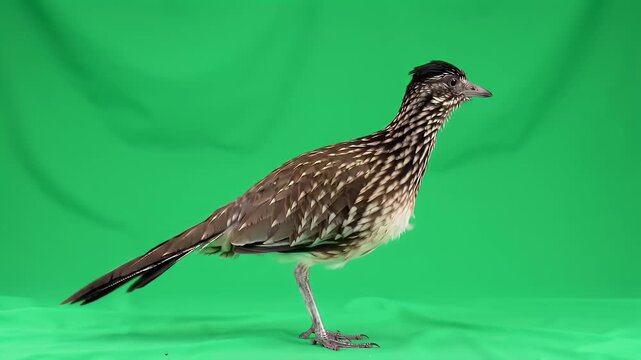 Desert Roadrunner bird in profile on green screen background for easy isolation