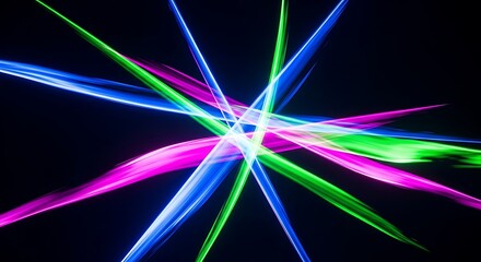 Dynamic Neon Light Streaks: Abstract Starburst of Green, Blue, and Pink on Black Background