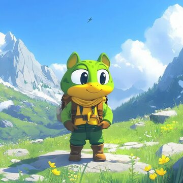 Cheerful Animated Character Hiking Through a Mountainous Landscape