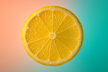 single lemon slice lit with gradient from peach to aqua, sharp crystal pulp detail