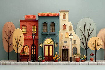 Colorful 3D Illustration Of Townhouses With Trees And Street In Minimal Cartoon Style
