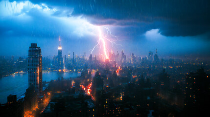 Fototapeta premium City being struck and surrounded by lightning during large thunderstorm in storm season, neighbourhood area