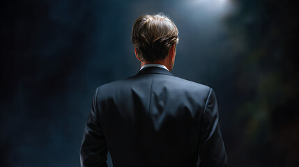 Rear View of Man in Dark Suit Under Spotlight