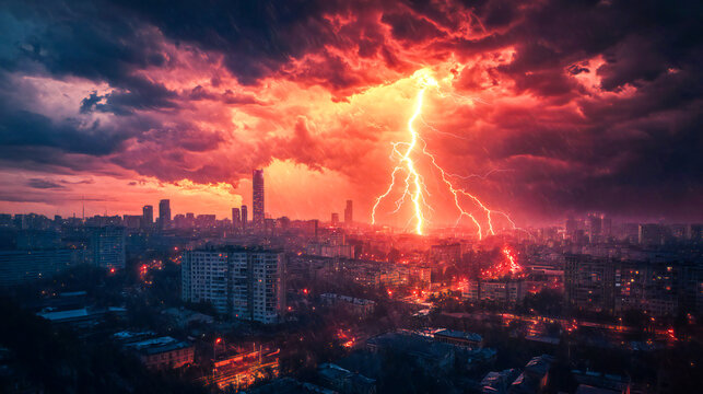 City being struck and surrounded by lightning during large thunderstorm in storm season, neighbourhood area