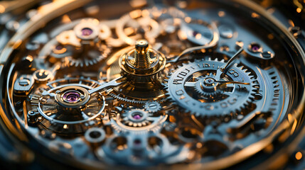 Close up image of mechanical watch movement, with complex components, gears and springs