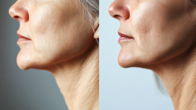 Close-up before and after comparison of mature woman's neck and lower face showing skin tightening and anti-aging results
