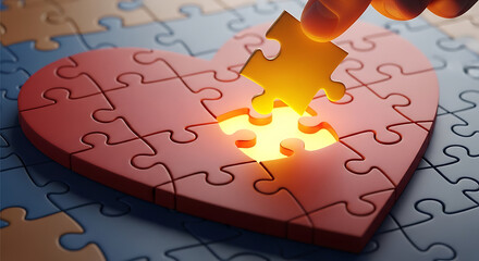 A hand places the final puzzle piece into a glowing heart-shaped jigsaw, completing the image.