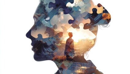 Woman's profile, puzzle pieces form head, overlayed landscape