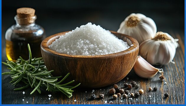 Wooden bowl of sea salt with garlic rosemary and peppercorns
