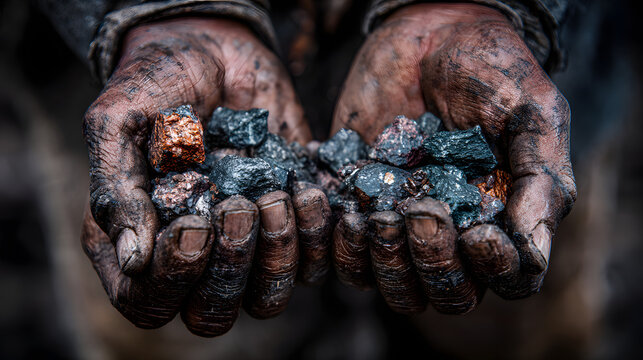 Dirty hands of poor miner filled with raw cobalt ore, dangerous mining in africa congo, human rights violation problem, battery ressources, exploitation. Cobalt. Illustration