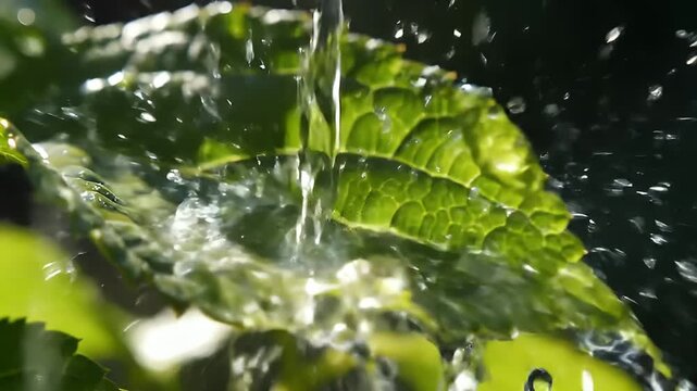 Close Up View of Water Droplets Falling on a Vibrant Green Leaf Against a Dark Background, Showing Detailed Texture and Natural Light.  A High
