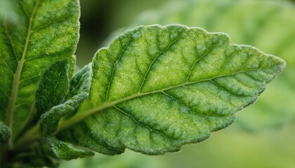 Obraz premium Detailed close-up of single green clary sage leaf with intricate veination, subtle texture. Wild herb plant, garden foliage. Botanical background. Plants texture, beauty in nature, freshness, vibrant
