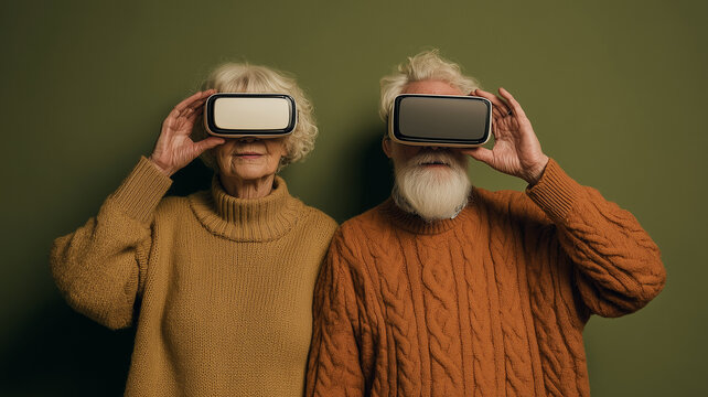 Senior Couple Wearing Virtual Reality Headsets Sitting Together in Cozy Room
 - Powered by Adobe