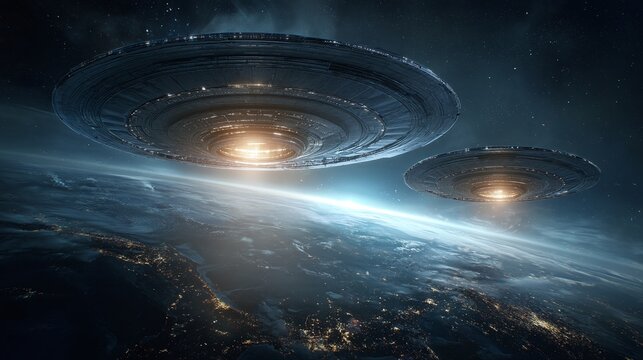 Two unidentified flying objects hover above the Earth's atmosphere, hinting at otherworldly visitors observing our planet from the vast expanse of space.