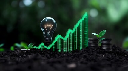 Growth Indicators with Light Bulb and Plants on Dark Soil Background