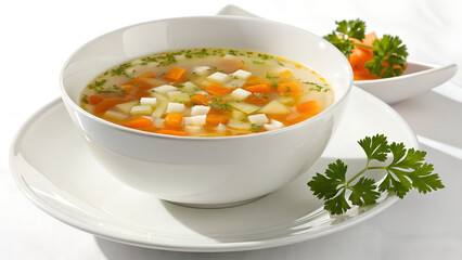 Healthy Clear Vegetable Soup in White Bowl