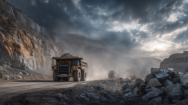 Large Mining Truck Driving Through Dusty Quarry Road in Harsh Conditions
