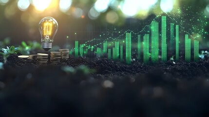 Concept of financial growth with light bulb and coins in nature