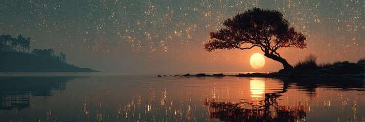 Sunset over tranquil waters with silhouetted tree and starry sky at dusk