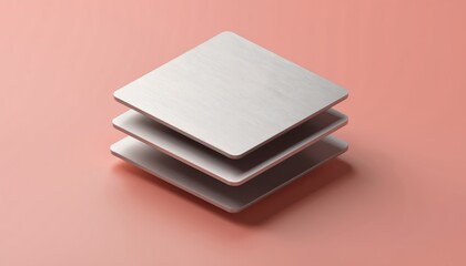 Illustration of stacked stainless steel plates in minimalist isometric design. Metallic plates, modern geometric shapes over pink background with shadow, elegant product presentation.