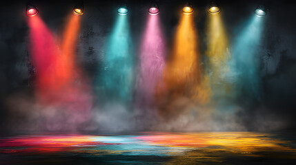 Colorful concert isometric concert smoky stage. Colorful stage lighting, spotlights stage light fog machine stage decoration. Concert stage dj set, disco lights karaoke night background color stage 