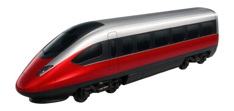 Aerodynamic express train car with sleek red exterior and large tinted windows
