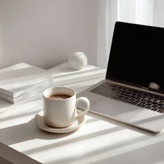 A laptop is on a table with a white mug of coffee next to it