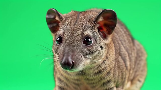 Striped Genet Mammal Portrait on Bright Green Chroma Key Background for Easy Isolation
