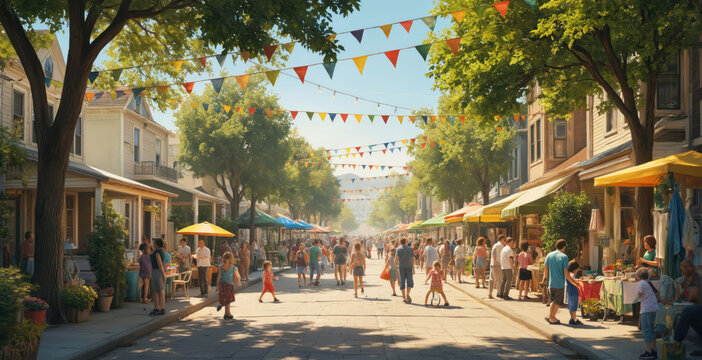 Families at neighborhood block party on sunny street. Children play games, adults chat by food stalls. Colorful bunting strung between trees adds cheerful festival atmosphere. Experiencing community - Powered by Adobe