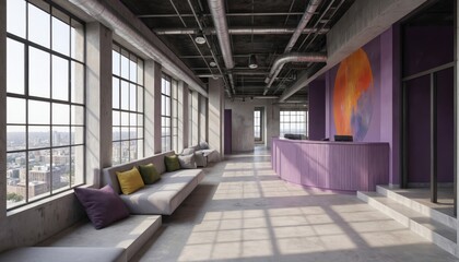 Creative industrial office space features open layout, large windows. Modern reception area with purple desk, textured wall art. Concrete floors, exposed metal pipes add urban vibe. Bright, airy