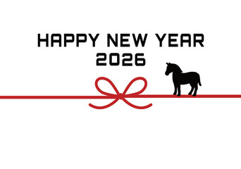 年賀状2026 　午年　水引きとウマのシンプルなイラスト　和風　干支　テンプレート