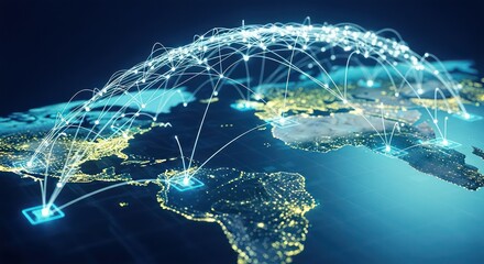 Digital Earth: Luminous Data Arcs Connecting Global Cities at Night