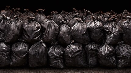 Stack of black trash bags. Municipal waste. Household garbage. Pollution and disposal concept. Bags full of discarded items ready for collection.