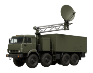 Three-axle army truck with a communications mast and satellite dish