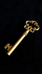 An antique golden skeleton key on a dark background isolated on white background