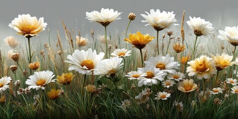 Bright array of wildflowers blooms under soft lighting in a serene meadow setting