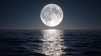 Full Moon Over Ocean Reflecting Bright Light on Water Surface
