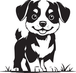 Happy Puppy Icon: A charming monochrome depiction of a playful puppy, rendered in a clean, graphic style, perfect for conveying joy and simplicity.