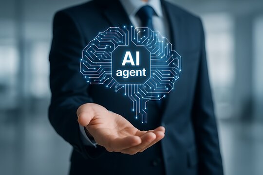 Business executive presenting holographic ai agent brain interface for advanced machine learning automation and innovative artificial intelligence solutions in corporate technology environment