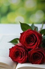 Three red roses laying on book, green nature background. Sant Jordi day celebration in Catalonia, tradition to give red roses, books. Anniversary celebration, romantic valentines day, symbol of love.