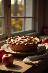 Rustic apple pie with flaky golden crust resting by a sunny farmhouse window, surrounded by warm tones, capturing the heartwarming spirit of traditional baking and seasonal homemade recipes.