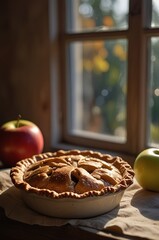 Freshly baked apple pie on a wooden windowsill, golden morning light streaming in, rustic kitchen setting, inviting warmth, slow food tradition, and the essence of homemade autumn comfort.