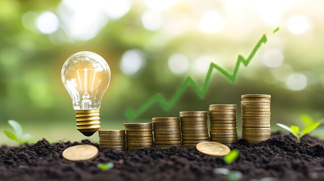 Growth Concept with Coins and Light Bulb on Soil Background