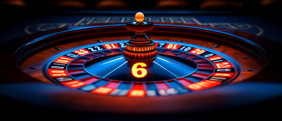 Vivid image of roulette with close-up of the number 6. Useful for articles about casinos and gambling, as well as for advertising of entertainment venues.